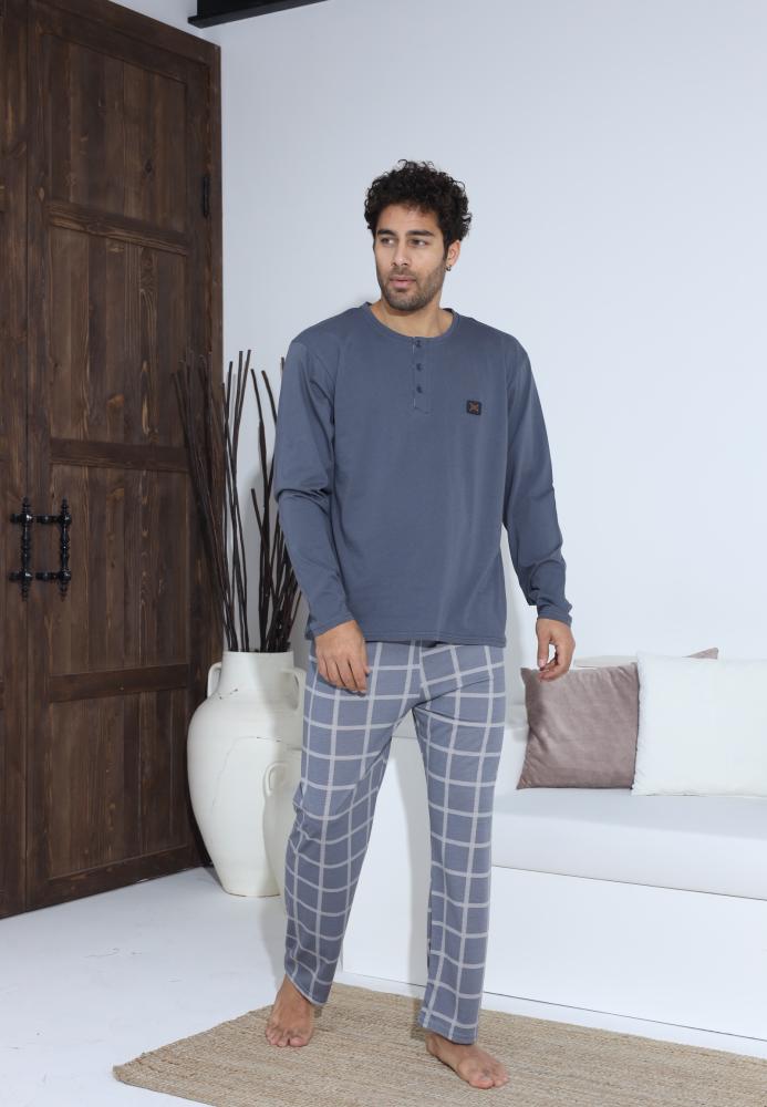 Pijama Barbati ,Maneca si Pantaloni Lungi,Culoare Albastru cu Gri ,Engros